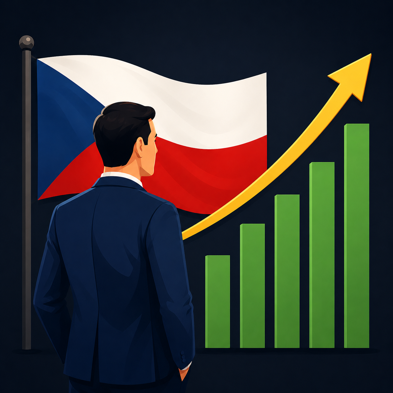 Investor před českou vlajkou a rostoucím grafem
